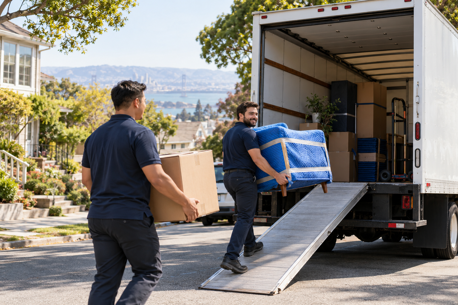Representative scene of a moving crew loading boxes and protected furniture into a white box truck
